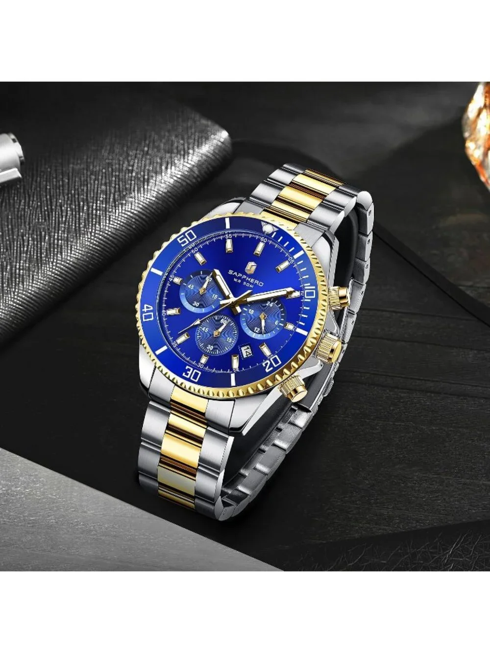 Men's Gold and Blue Chronograph Stainless Steel Waterproof Quartz Wrist Watch